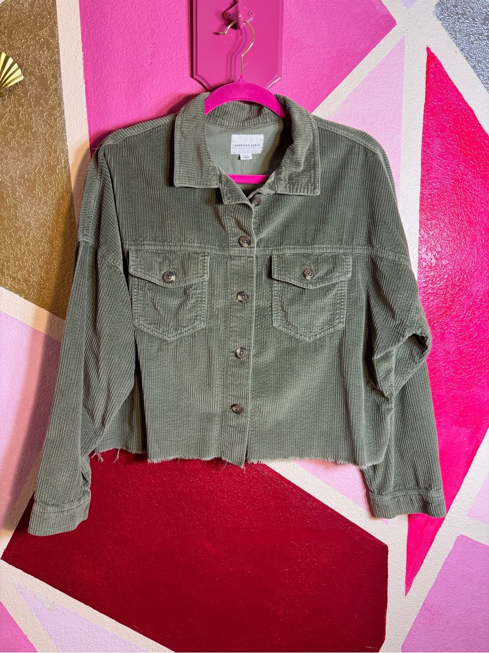 American Eagle Olive Corduroy Cropped Trucker Jacket Size M